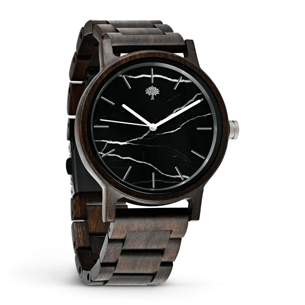 wooden hand watch with a black dial