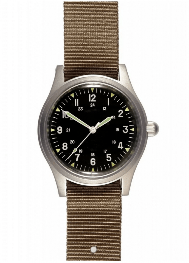 MWC army watch with black dial and steel case