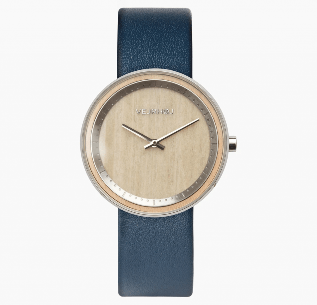 vejrhoy watch with a beige dial and blue leather strap