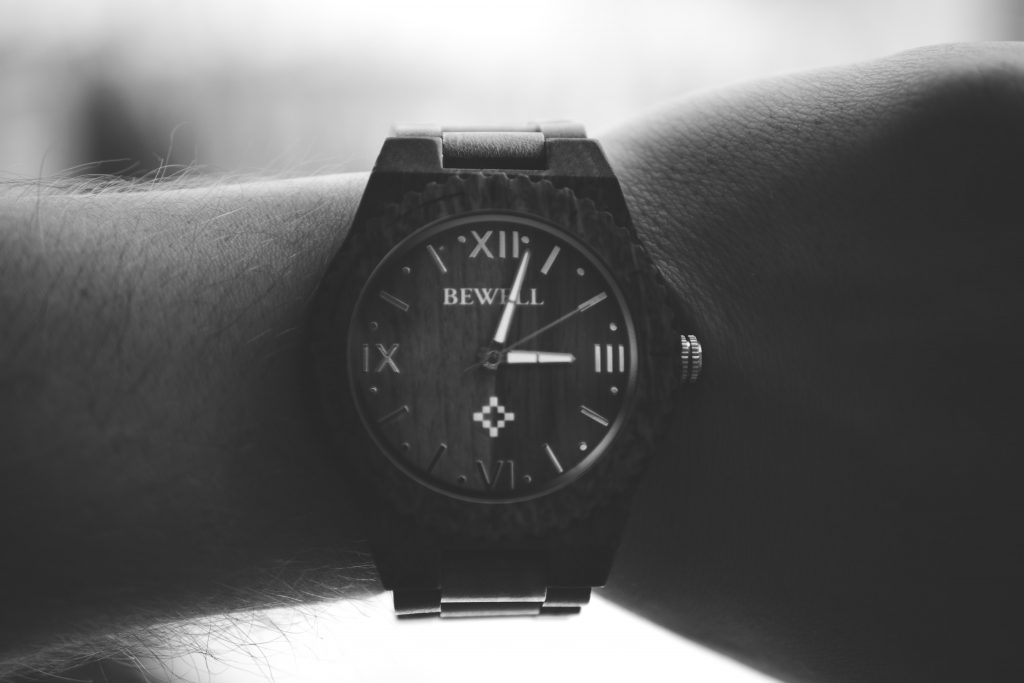 grayscale picture of a Bewell wooden watch