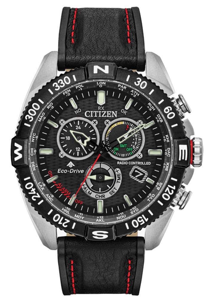 black solar watch with rich dial