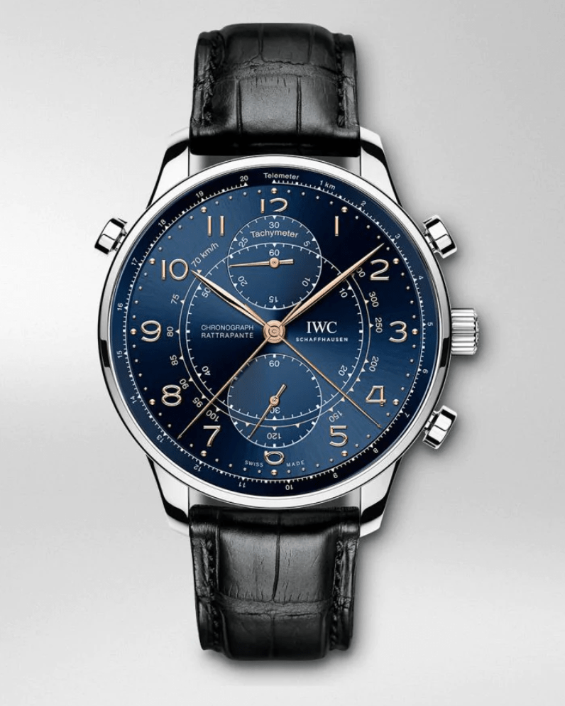 luxury watch with deep blue dial and 3 pushers