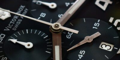 Chronograph function movement close-up with additional dials present