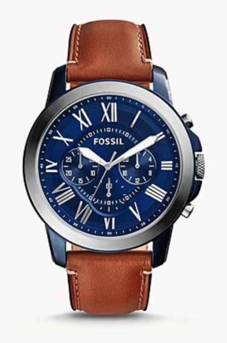 blue-faced Fossil chronograph watch