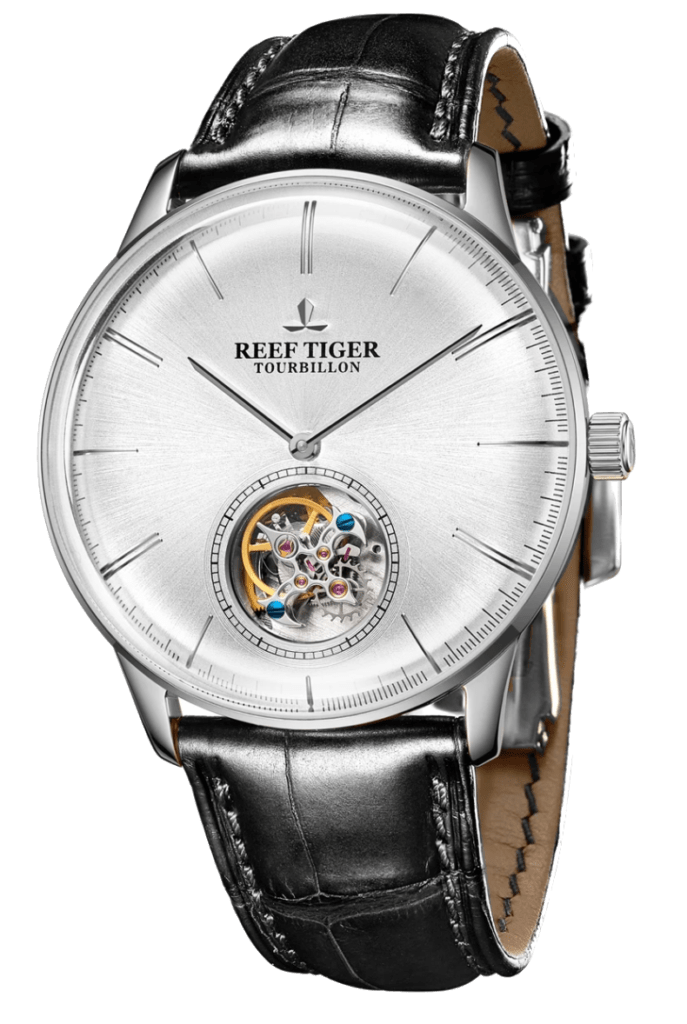 Affordable tourbillon watch with white dial and round-shaped cut