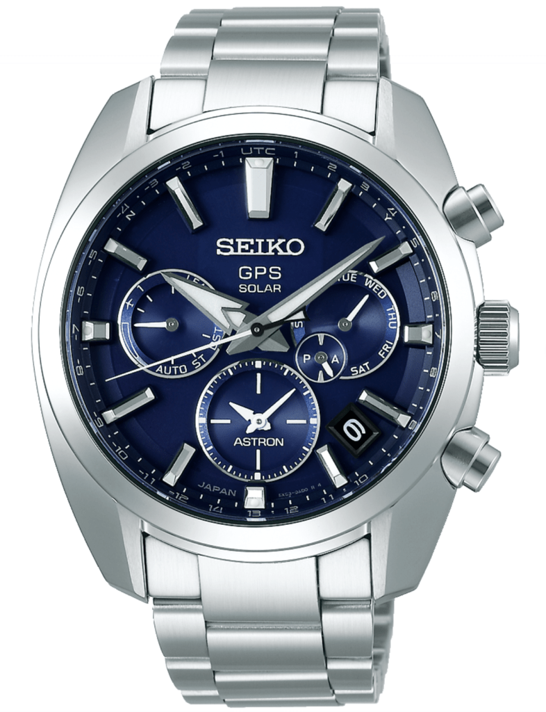 Seiko solar atomic watch with blue dial and metal band