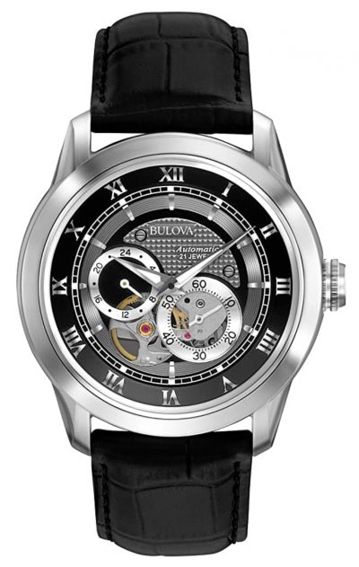 Bulova skeleton automatic watch with grayscale tint