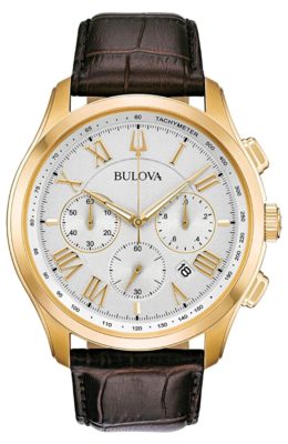 An expensive-looking golden Bulova watch