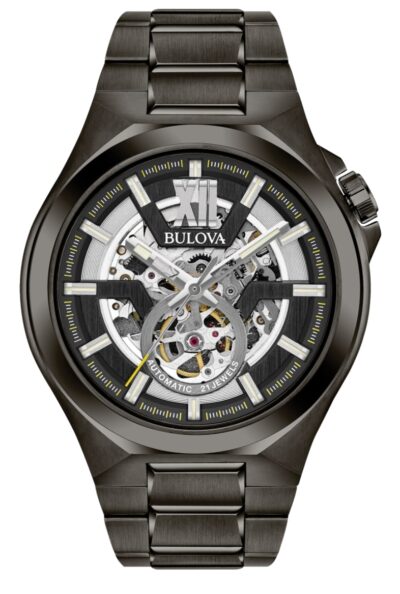 A Bulova watch with a see-through skeletonized dial