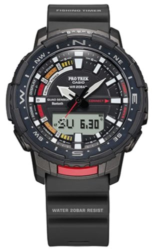 A bluetooth-connected Casio watch with red and black appearance