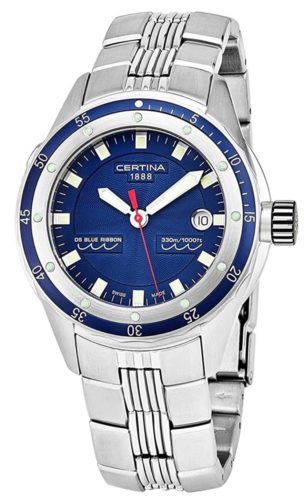 A Swiss timepiece from Certina with a deep blue face and unique bracelet