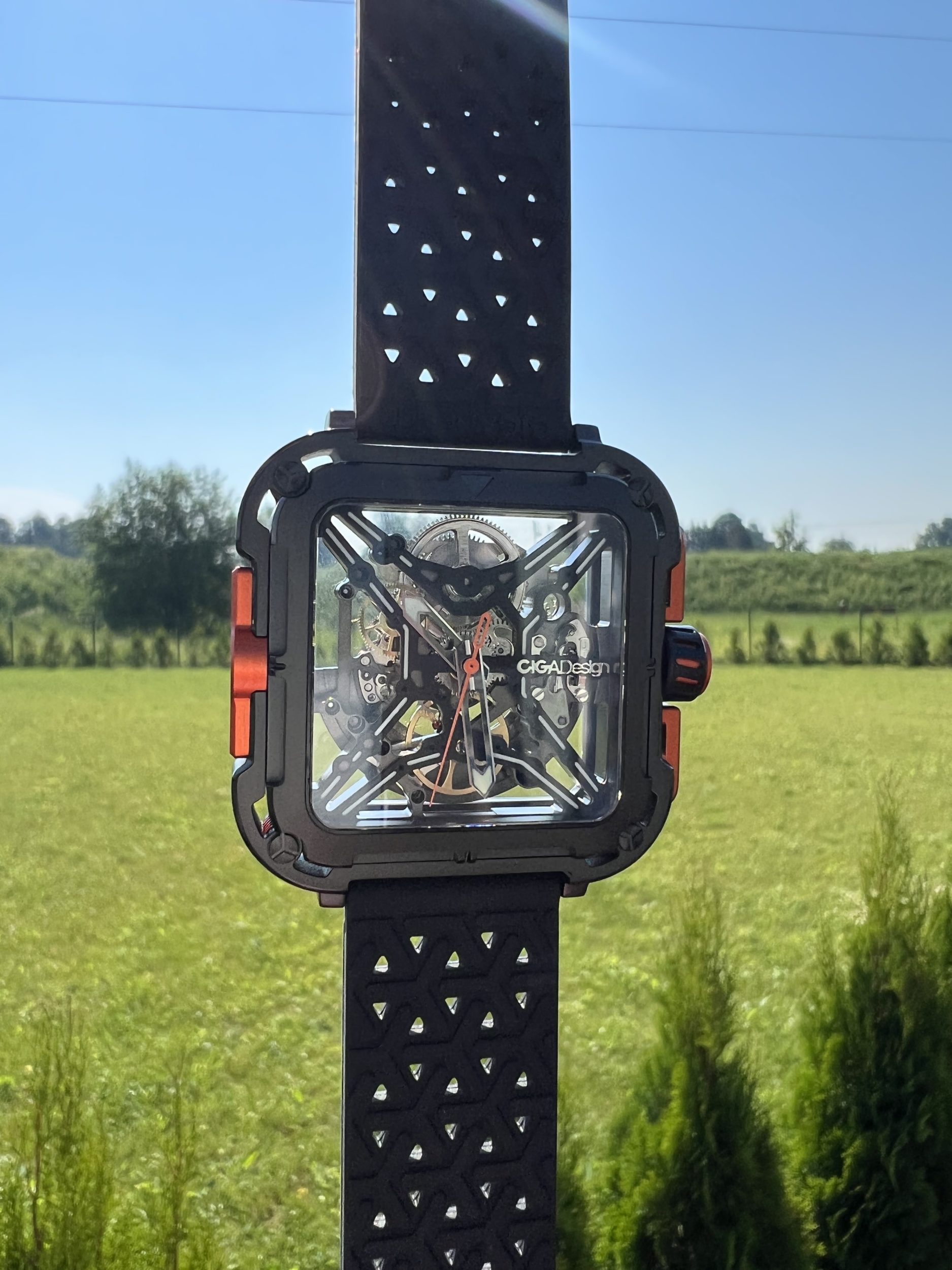 Skeletonized watch on a green background