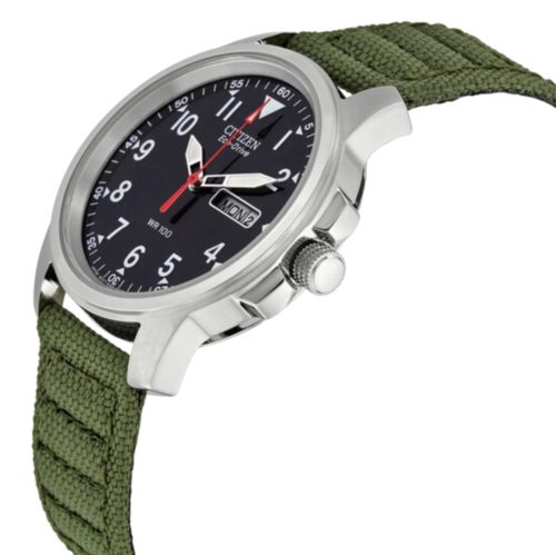 Green field watch with silver case