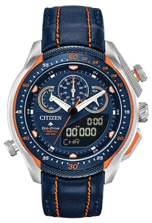 Citizen chronograph watch with blue dial and orange accents