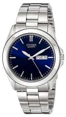 Citizen watch with silver-toned case and blue analog dial