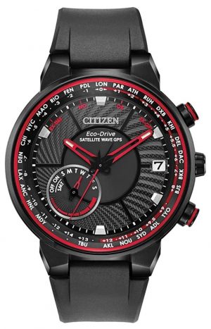 High-tech Citizen watch with red tint and textured dial