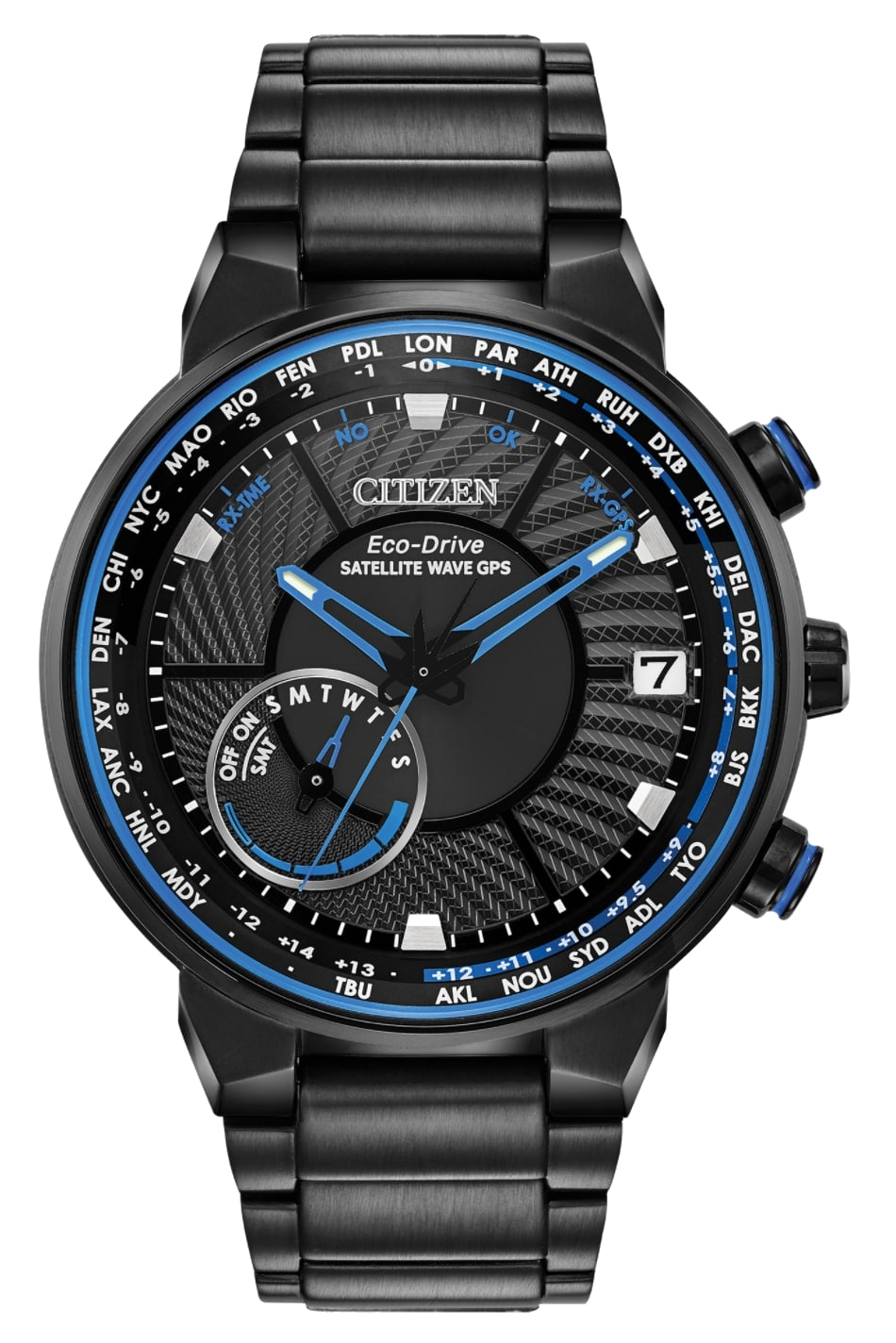 Black and blue watch with satellite time-correcting technology