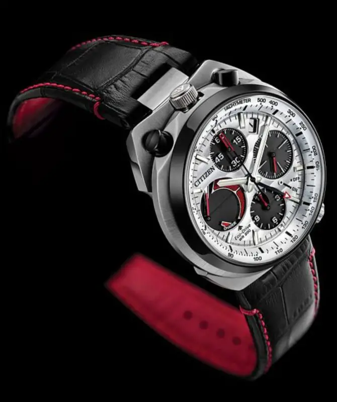 A Panda-style chronograph watch with leather strap