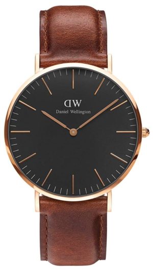 Sophisticated and simplistic fashion watch with black face and brown leather band