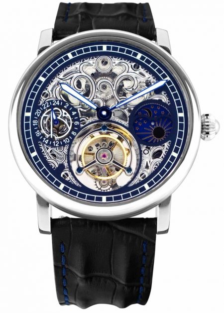 luxurious watch with skeleton dial and tourbillon