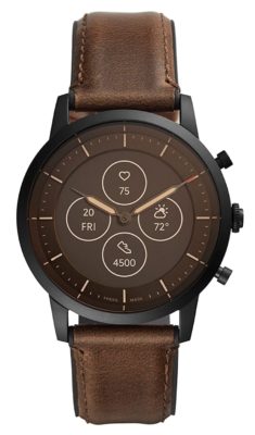 Hybrid Fossil smartwatch with analog face and brown strap