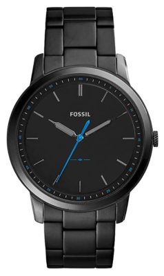 An all-black Fossil watch with blue second's hand
