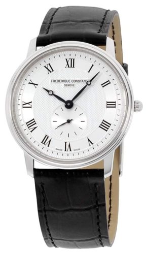 A classic dress watch with Roman numerals and black leather strap