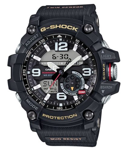 A dark-toned survival watch with analog-digital face and protrusions