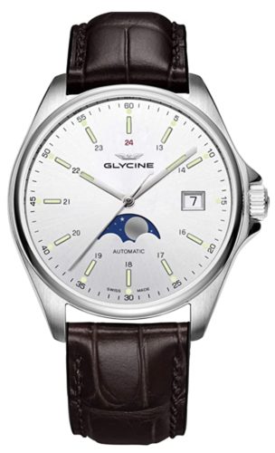 A silver moonphase timepiece with brown leather strap