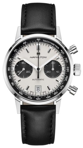Black and white chronograph watch with black leather strap