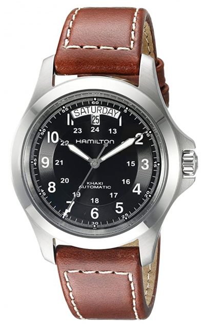 black and brown field watch from Swiss brand Hamilton