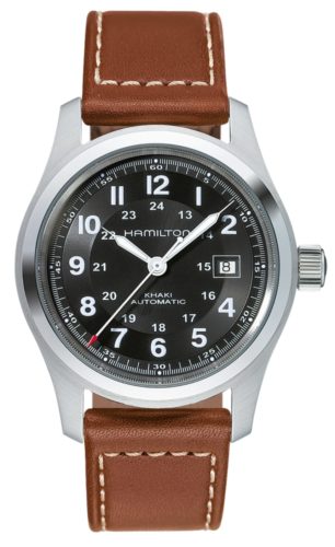 vintage Hamilton field watch with black dial and brown leather band