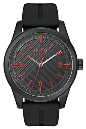 An all-black Hugo Boss fashion watch with nylon band