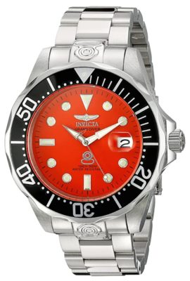 An oversized Invicta piece with orange face and black bezel ring