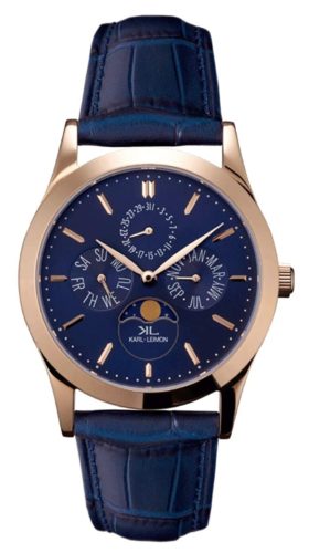 Blue-faced watch with golden case and blue leather strap