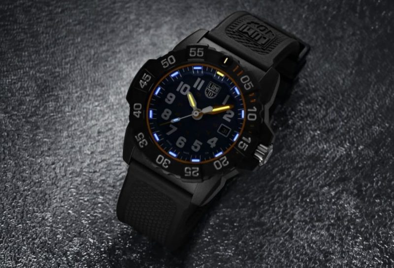 Swiss made Luminox timepiece with glowing hands and markers