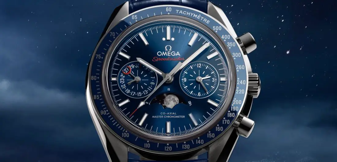 Blue Omega watch with subdials and moonphase aperture