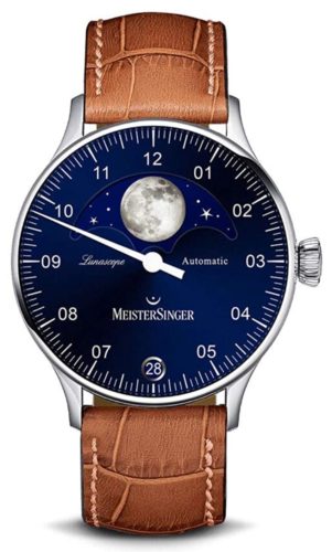 A blue timepiece with a full moon on the top of the dial