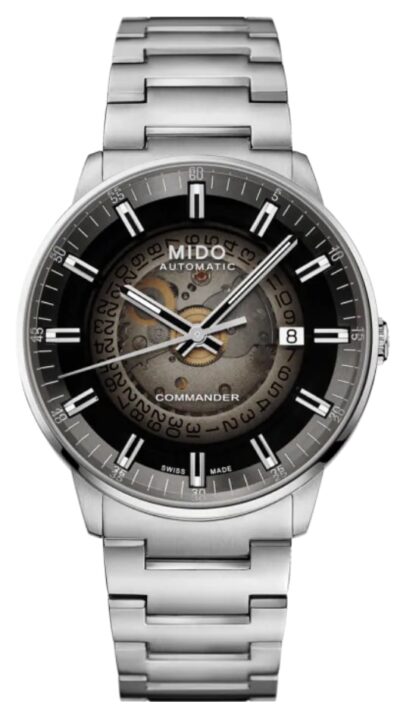 Mechanical Mido timepiece with see-through dial