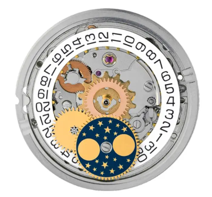 Moonphase watch caliber with wheels and gears