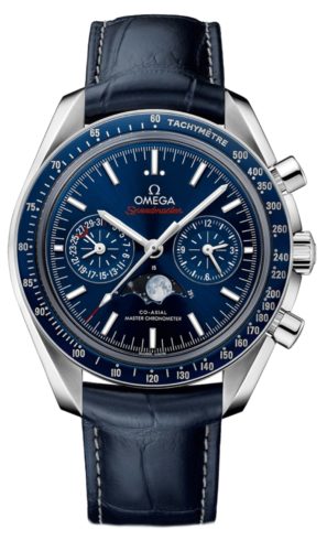 Luxurious Omega watch with a moonphase aperture and chronograph subdials