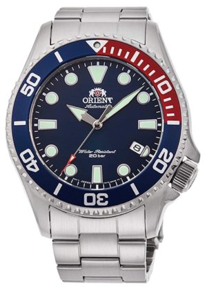 Orient luminous watch with blue and red bezel