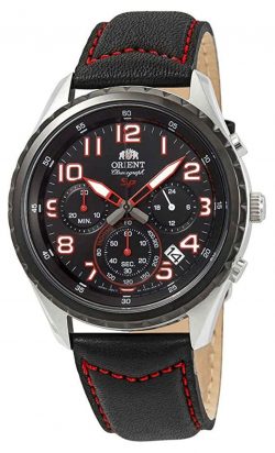 Sporty chronograph watch with black and red apparel