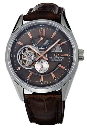 Orient piece with skeletonized brown dial