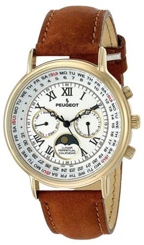 A watch with a busy dial and Roman numerals