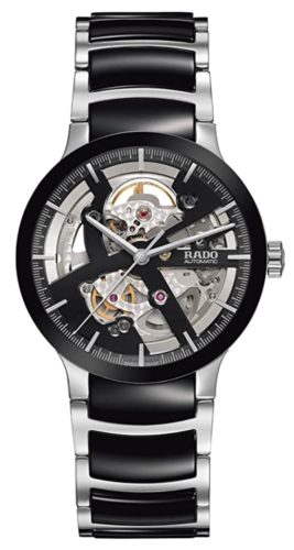 A transparent timepiece with black motifs