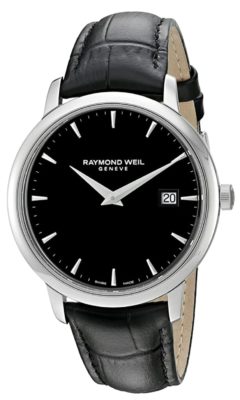 An all-black slim watch with silver hands and hour indexes