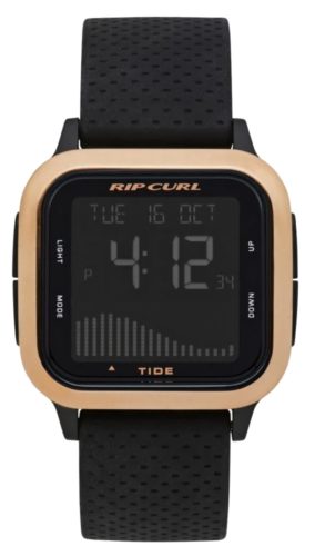 Rip Curl rectangle watch with rose-gold tone bezel and black rubber band