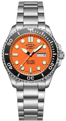 Classic orange dive watch with luminous hands and hour markers