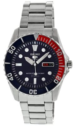 Dive watch with blue face and red and blue bezel